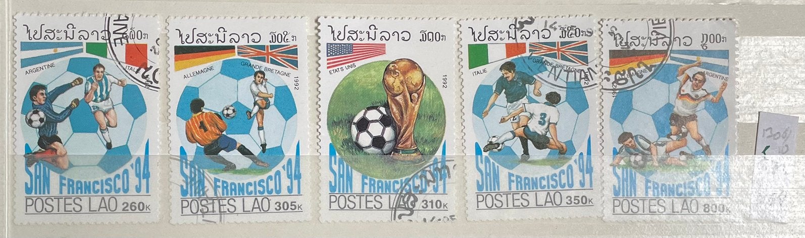 5 postzegels Laos; WK-voetbal1994 USA 1, Ophalen of Verzenden, Gestempeld, Zuidoost-Azië