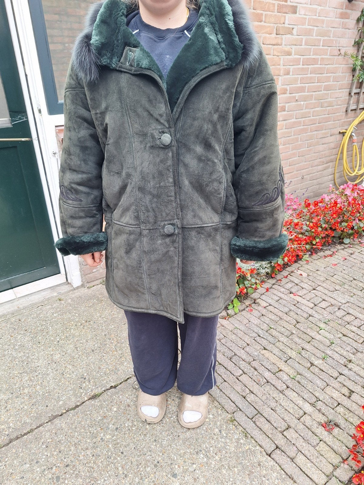 Warme vintage suède jas met bontkraag en voering - Maat 44, Ophalen of Verzenden, Zo goed als nieuw, Maat 42/44 (L), Bruin
