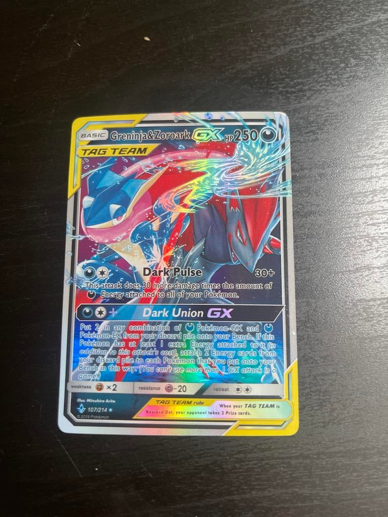 Greninja & Zoroark GX - Pokémonkaart, Ophalen of Verzenden, Zo goed als nieuw, Losse kaart, Foil