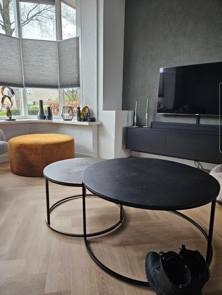 Stijlvolle salontafel set + okergele poef, Huis en Inrichting, Tafels | Salontafels, Zo goed als nieuw, Minder dan 50 cm, 50 tot 100 cm