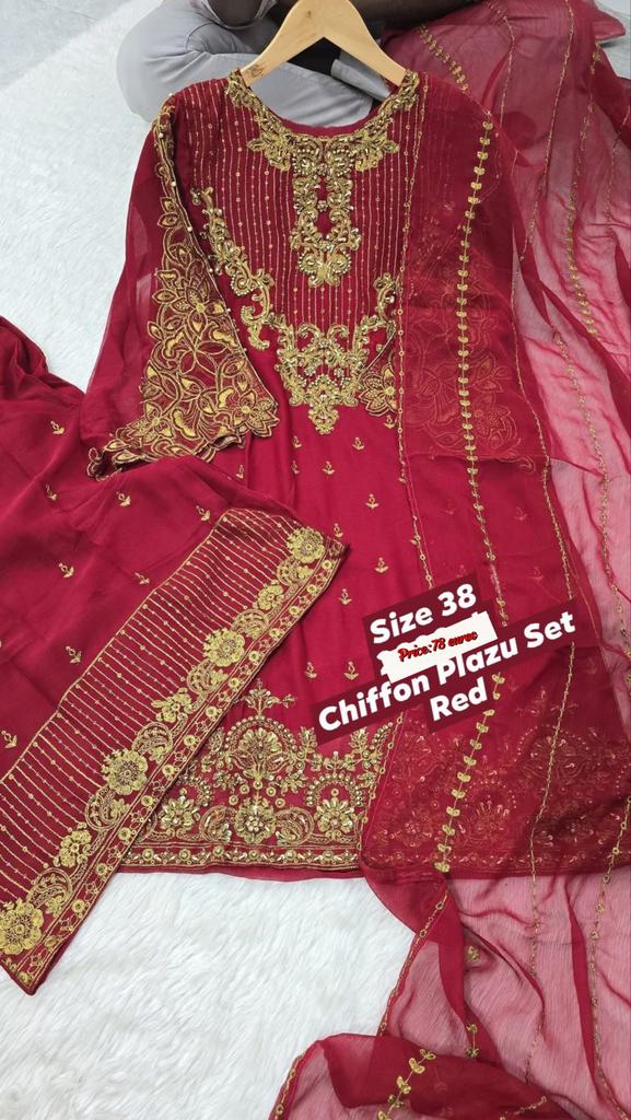 Prachtige Rode Chiffon Kurta Set - Maat S, Kleding | Dames, Ophalen of Verzenden, Nieuw, Maat 36 (S), Rood