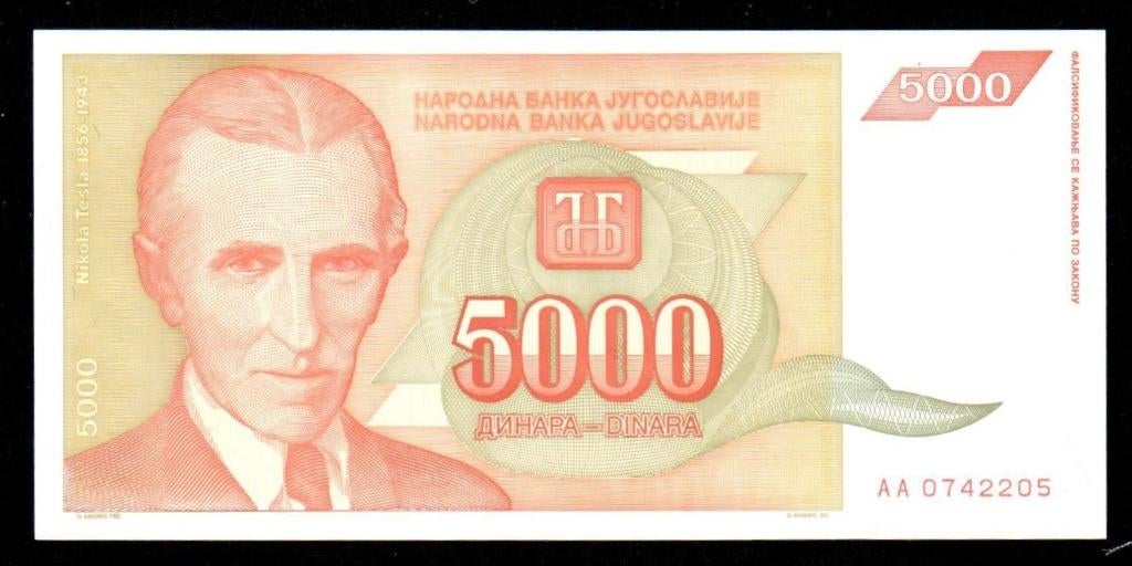 Bankbiljet - Joegoslavië 5000 Dinara 1993 - UNC, Ophalen of Verzenden, Joegoslavië, Los biljet