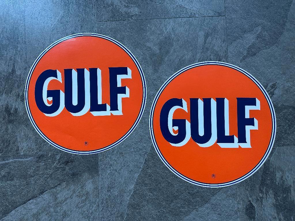 2 fraaie GULF benzinepomp stickers sticker. Benzine olie., Verzamelen, Ophalen of Verzenden, Gebruikt, Gebruiksvoorwerp