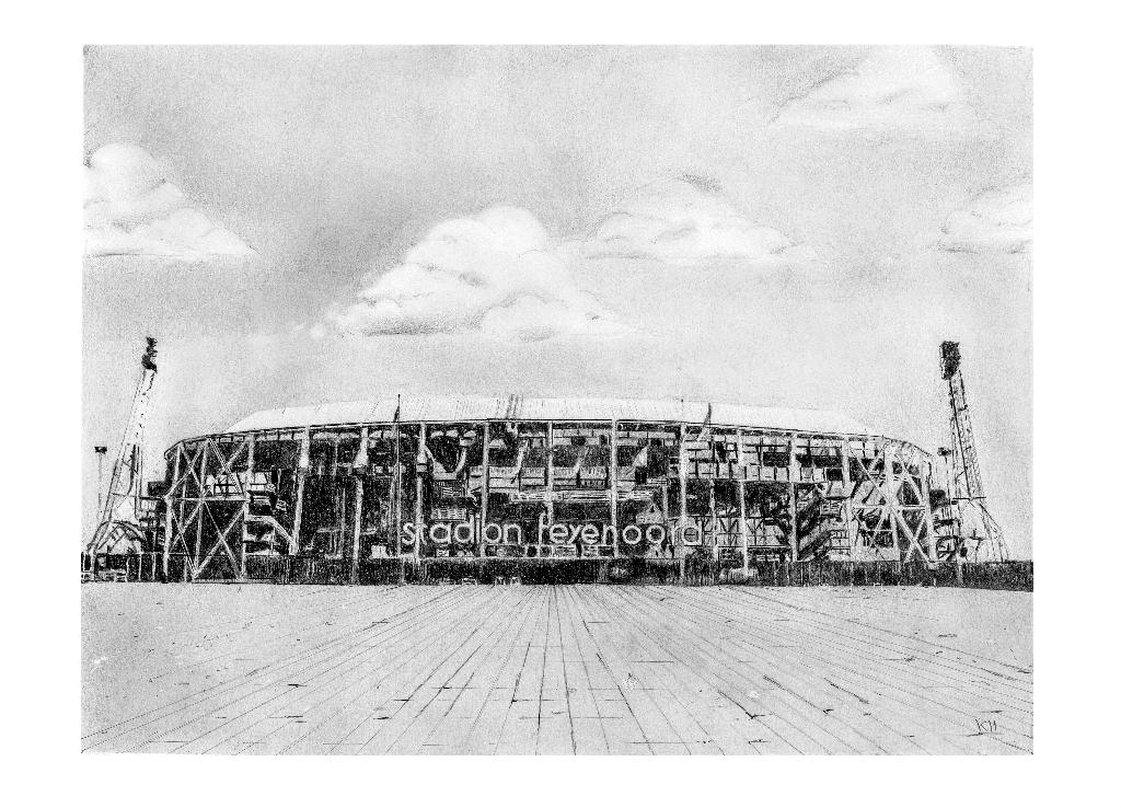 Ingelijste zwart-wit reproductie Stadion Feyenoord, Ophalen of Verzenden