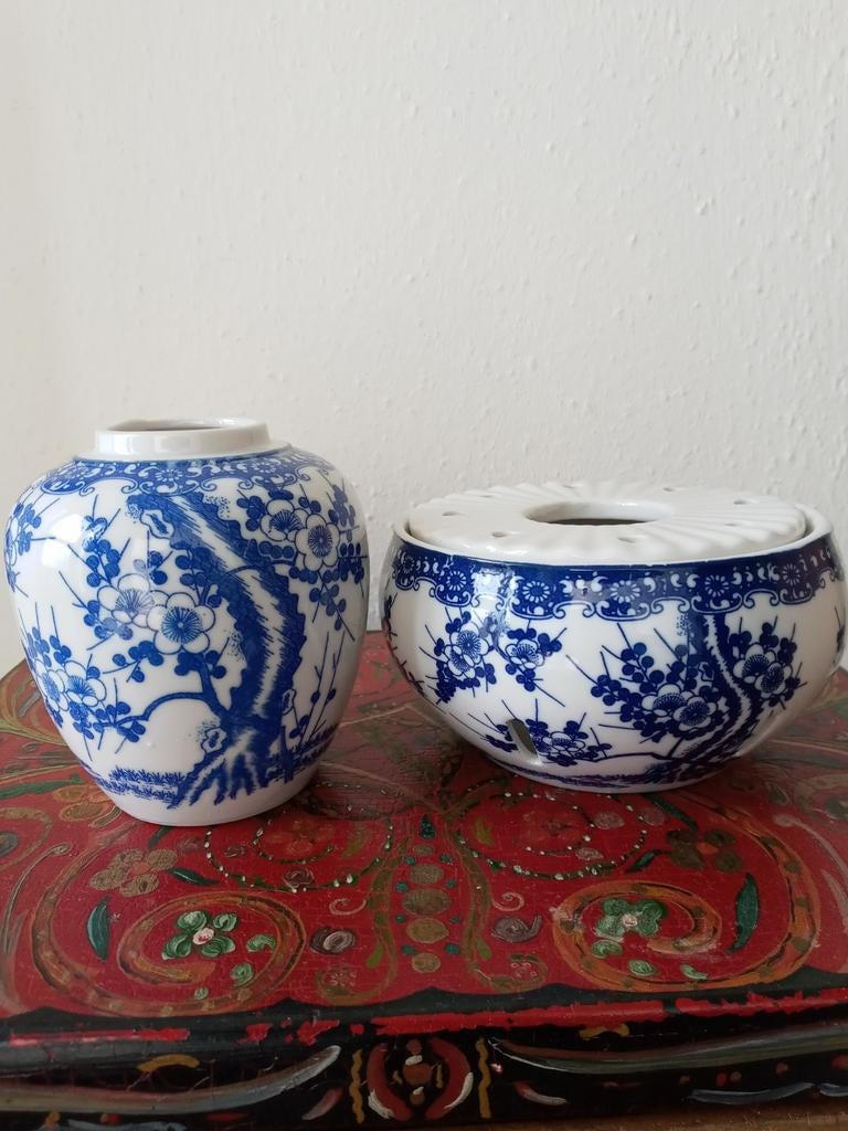 Prachtig Japans theelichtje en potje met bloesemdecoratie, Antiek en Kunst, Verzenden