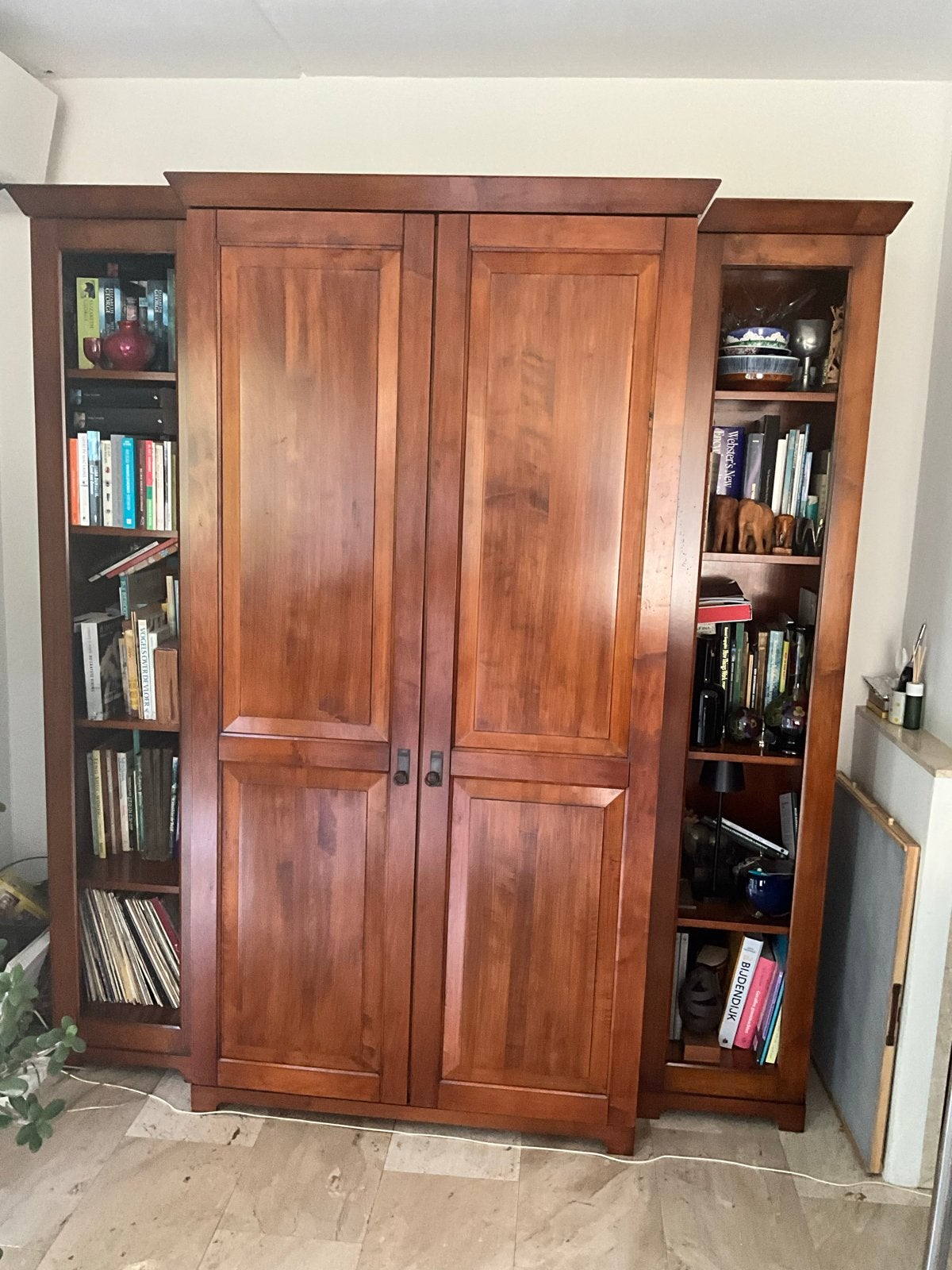 Massief houten wandmeubel / boekenkast (3-delig), Gebruikt, Ophalen of Verzenden, 200 cm of meer, Overige houtsoorten