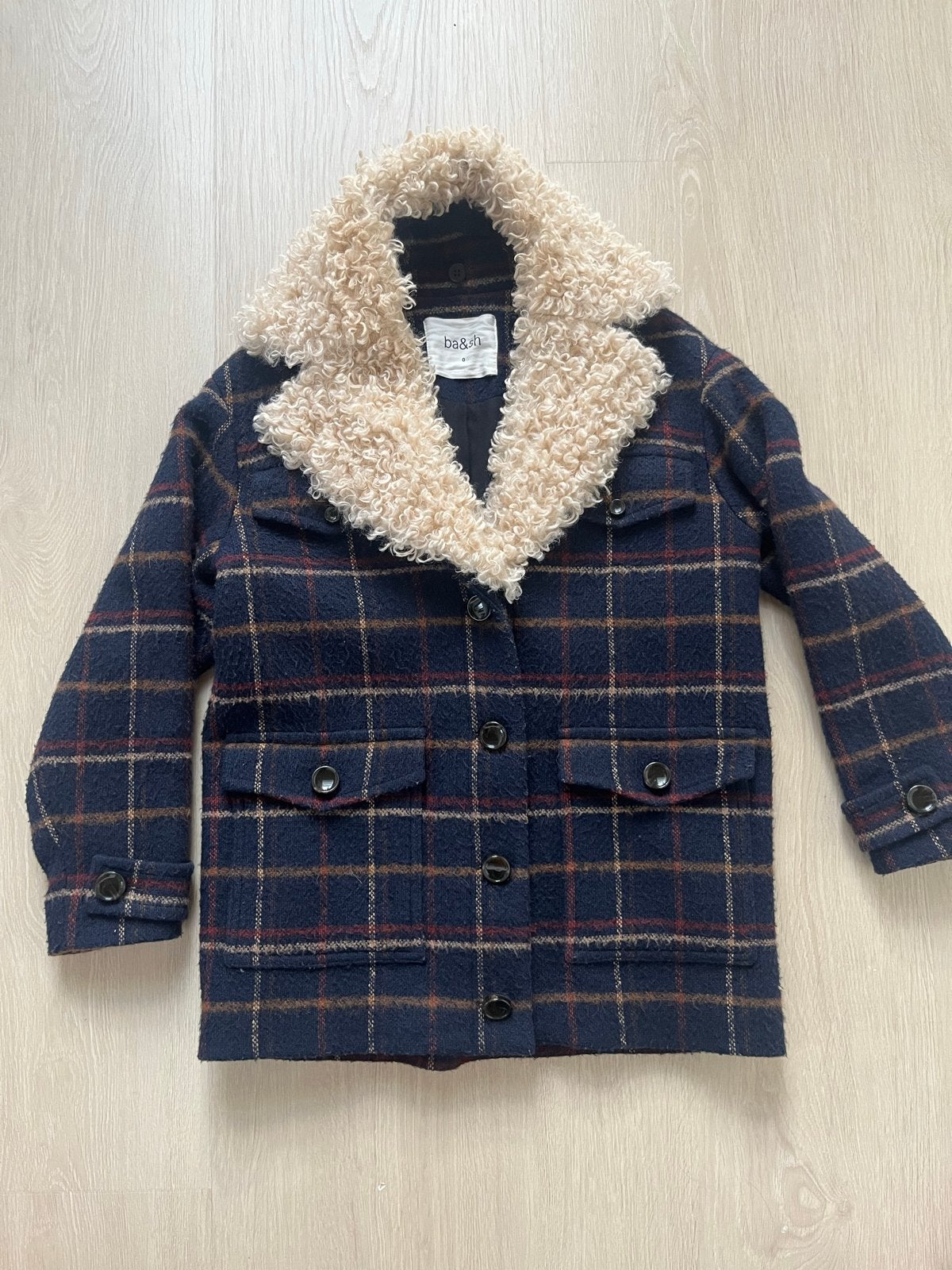 Ba&sh geruite jas met teddy kraag, maat XS/S, Ophalen, Zo goed als nieuw, Maat 34 (XS) of kleiner, Blauw