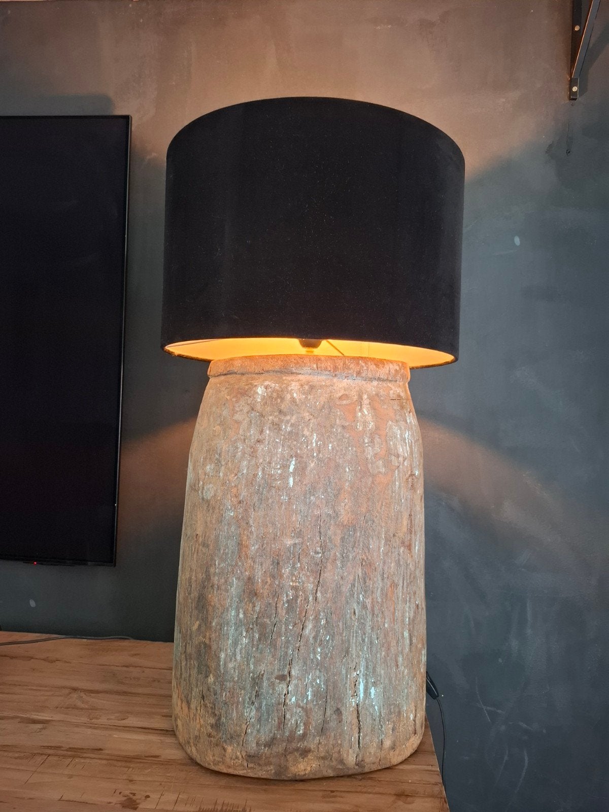 Superstoere oude houten XL lamp, Ophalen, Hout, Stoer sober landelijk industrieel, 75 cm of meer