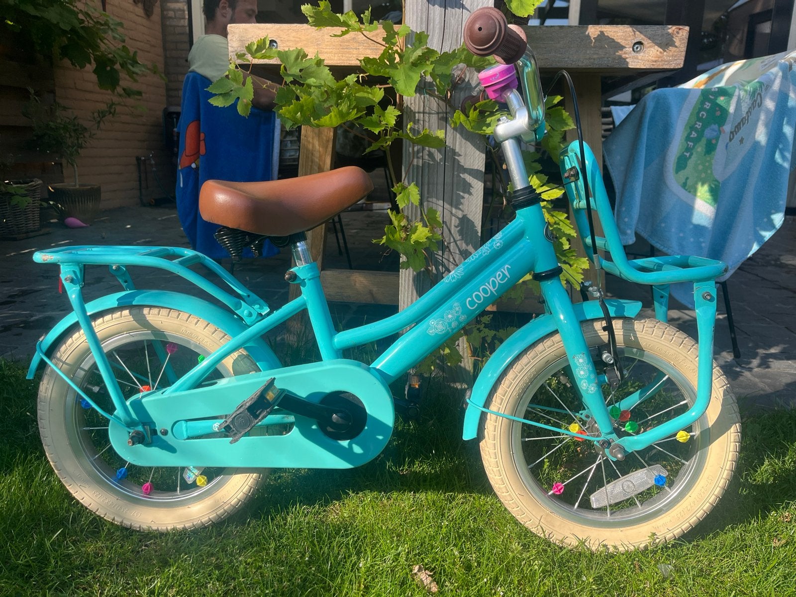 Popal kinderfiets 14 inch - Turquoise, Ophalen, Terugtraprem, Zijwieltjes, Gebruikt