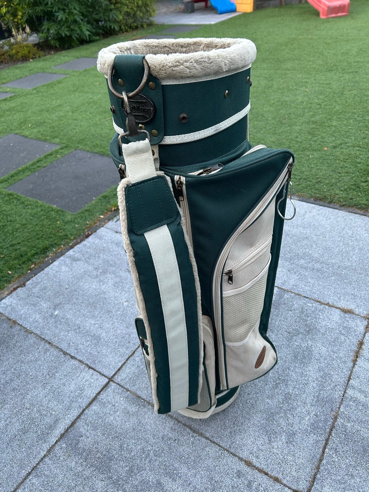 Mooie golf cartbag, groen/beige, met 6-vaks verdeler, Ophalen, Gebruikt, Tas, Overige merken