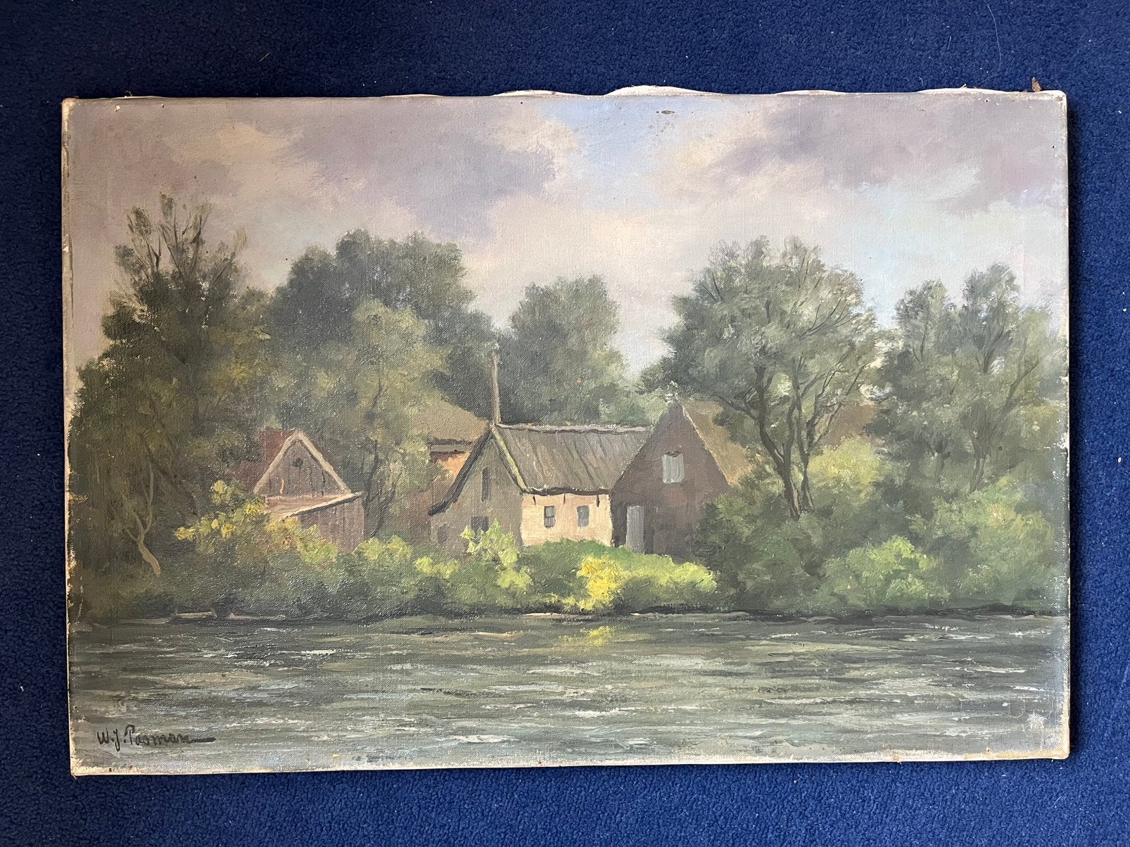 Schilderij W.J. Pasman - Landschap aan het water (60x40cm), Nederlandse school, Doek, Ophalen of Verzenden, Landschap