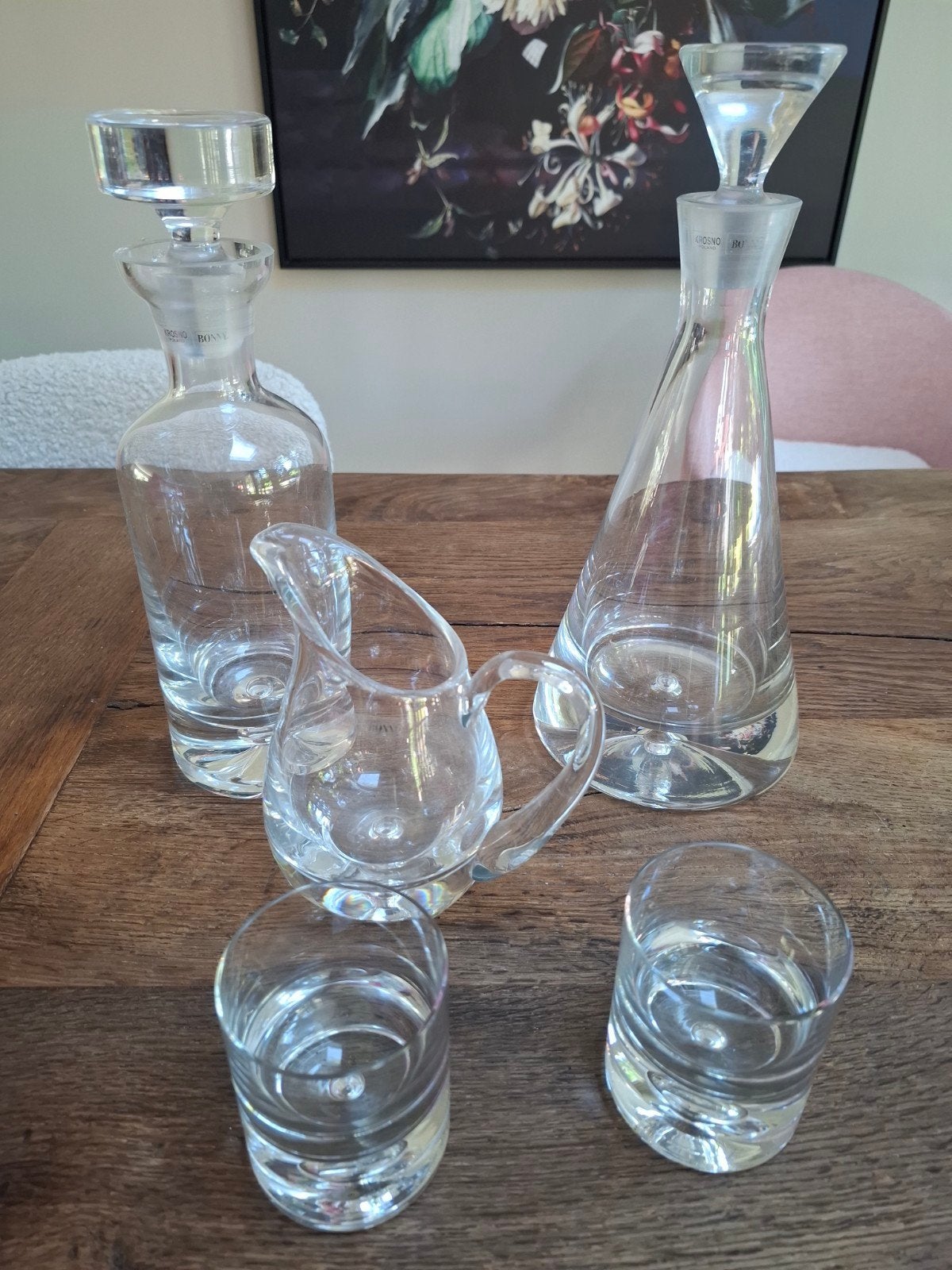 Glazen karaffen, karaf en kannetje van Krosno Bonny, Ophalen
