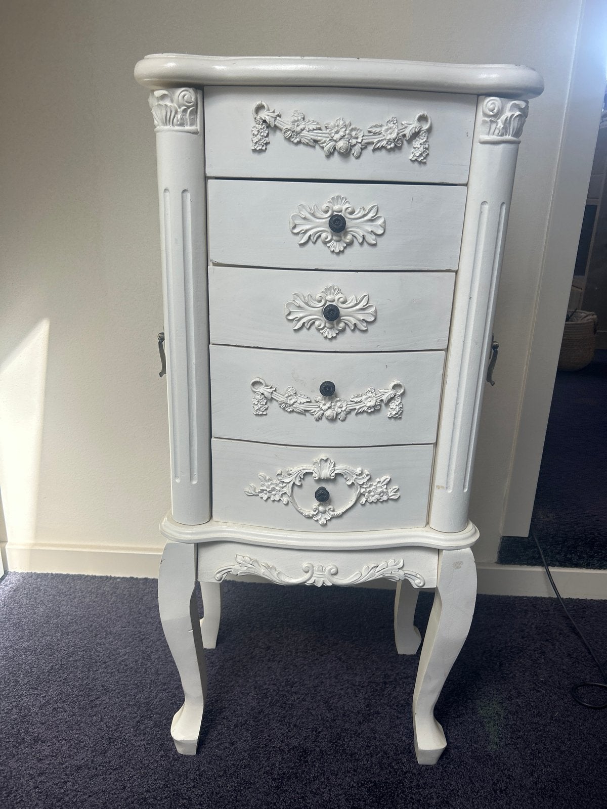 Vintage Witte Sieradenkast met Lades en Spiegel, Ophalen, Minder dan 50 cm, Gebruikt, Barok