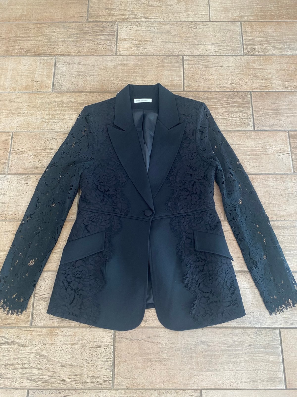 Zwarte blazer met kant, Verzenden, Zwart, Maat 42/44 (L), Zo goed als nieuw