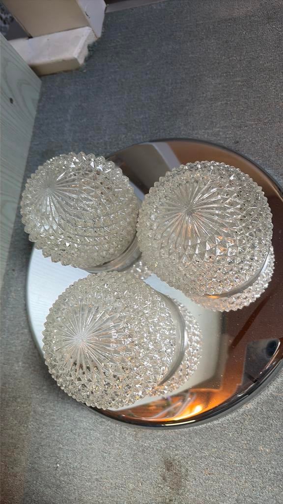 Plafondlamp chroom met 3 glazen, Ophalen of Verzenden, Gebruikt, Glas