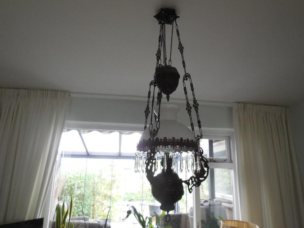 Zeer mooie antieke olielamp met glazen druppels, Ophalen