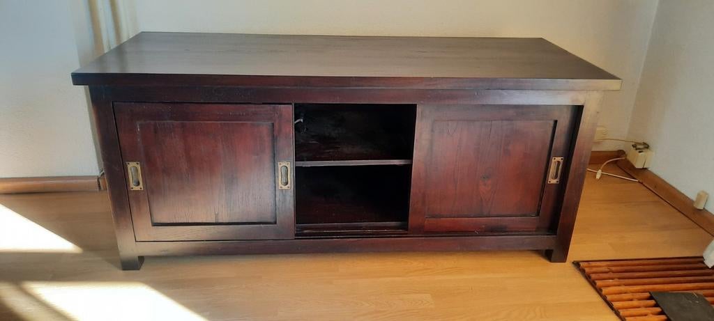 Koloniaal massief houten tv-meubel, Ophalen, Gebruikt, 100 tot 150 cm, Koloniaal