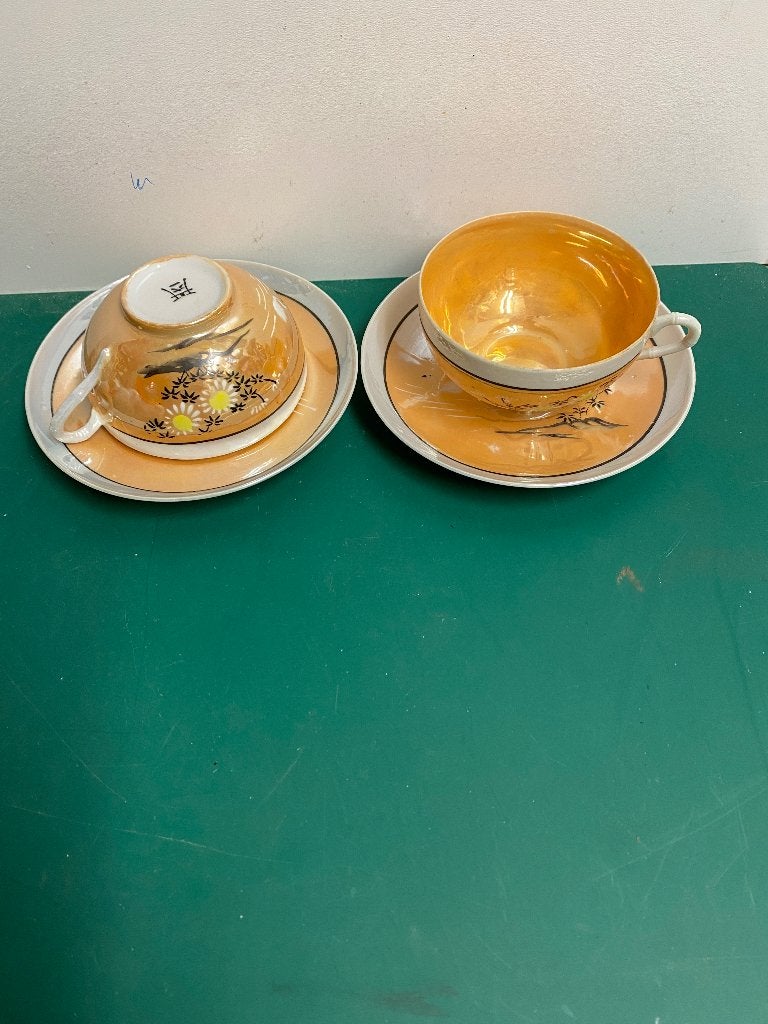 Vintage Japanse Theekopjes met Schotels - Oranje/Goud, Aziatisch, Ophalen of Verzenden, Zo goed als nieuw, Kop(pen) en/of Schotel(s)
