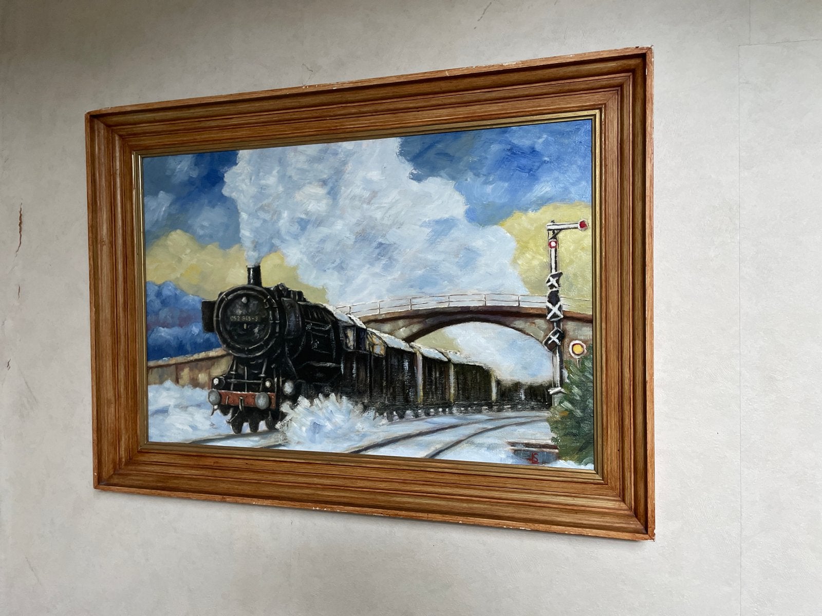 Schilderij Stoomtrein in Sneeuwlandschap met Brug, Antiek en Kunst, Doek, Realistisch, Ophalen of Verzenden, Landschap