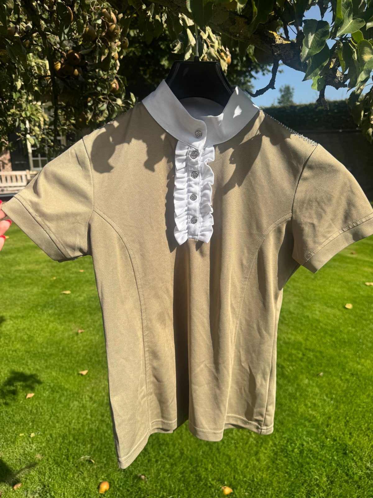 Stijlvol rijshirt met ruches en korte mouwen, Maat 38/40 (M), Ophalen of Verzenden, Zo goed als nieuw, Korte mouw