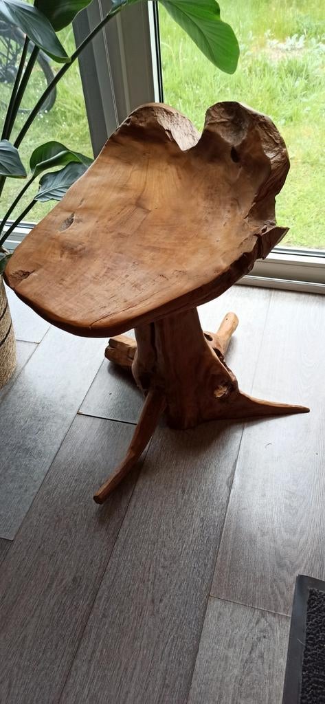 Unieke Handgemaakte Teakhouten Kruk / Bijzettafel – Boomstam, Ophalen, Gebruikt, Hout