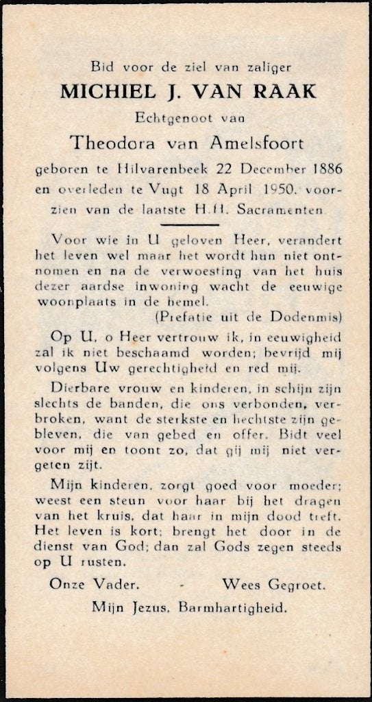 Raak Michiel 1886 Hilvarenbeek 1959 Vugt, Ophalen of Verzenden, Bidprentje