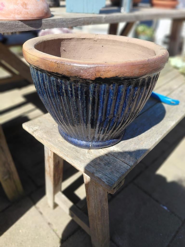 Grote blauw geglazuurde bloempot, Tuin en Terras, Bloempotten, Ophalen, Rond, Zo goed als nieuw, Minder dan 40 cm
