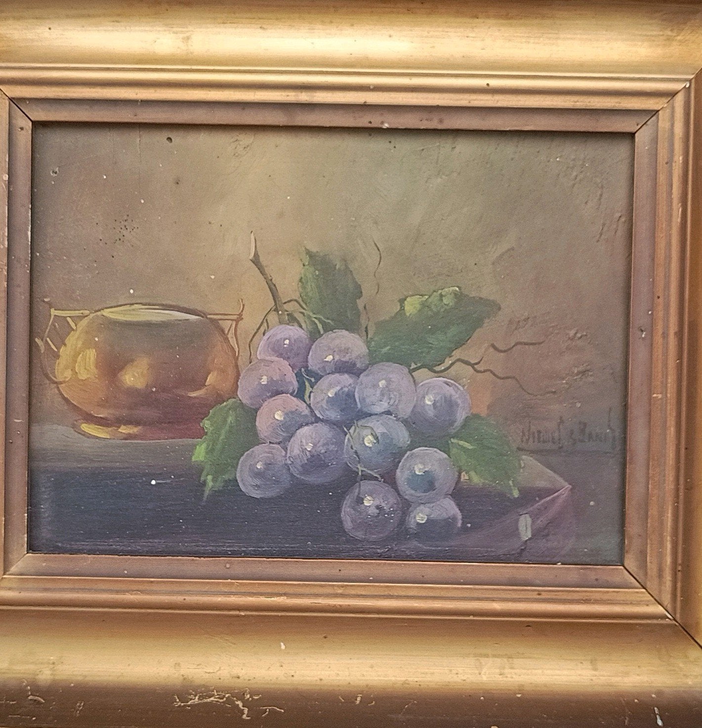 Klassiek schilderij met druiven en lijst (29x35cm), Paneel, Stilleven, Ophalen of Verzenden, Olieverf