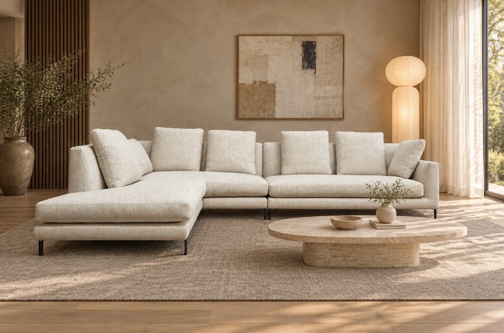 NIEUW Minotti Allen Hoekbank Ecru + GARANTIE | NP €18.500, Minotti, Nieuw, Www.designplaats.nl, Vierpersoons of meer