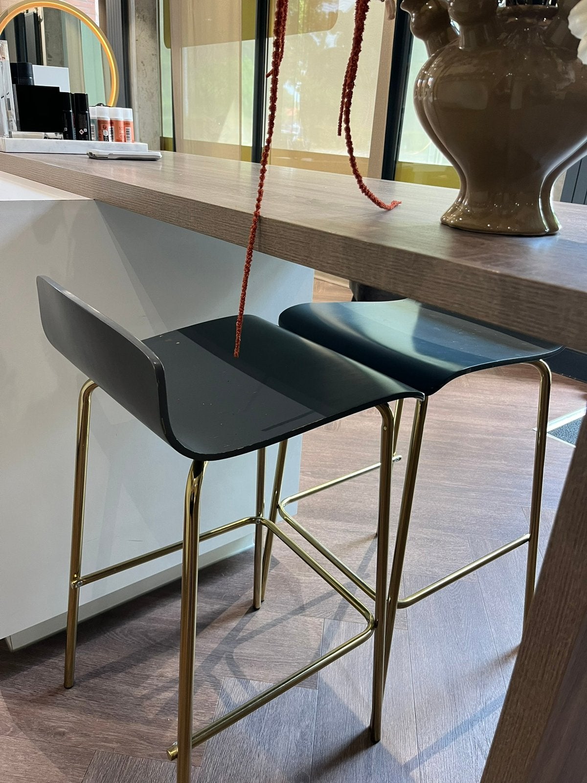 Barkrukken grijs met goud, Huis en Inrichting, Barkrukken, Ophalen, Gebruikt, Met voetsteun, 60 tot 90 cm