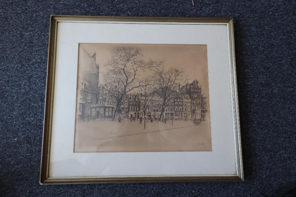 Frans Everbag (1877 -1947 ) Ets "Amsterdam Noordermarkt", Ophalen