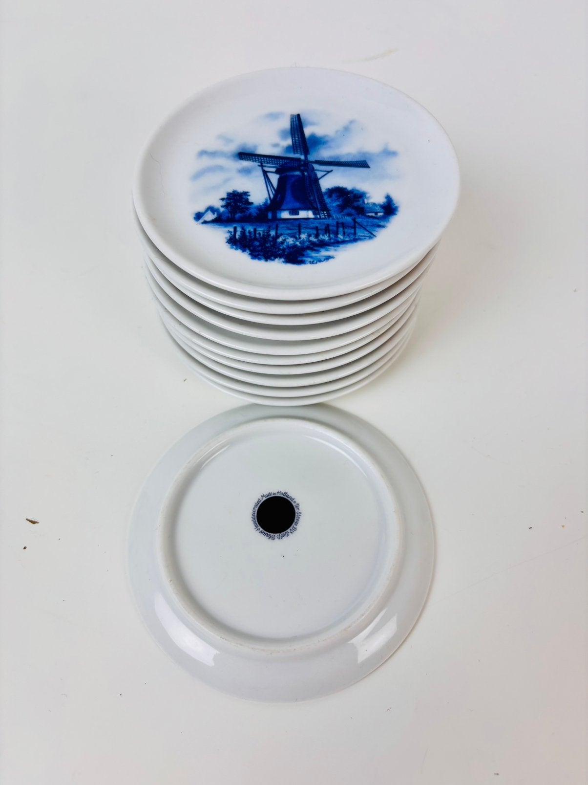 Set delft‑blauwe bordjes met molen – “Made in Holland”, Antiek en Kunst, Ophalen of Verzenden