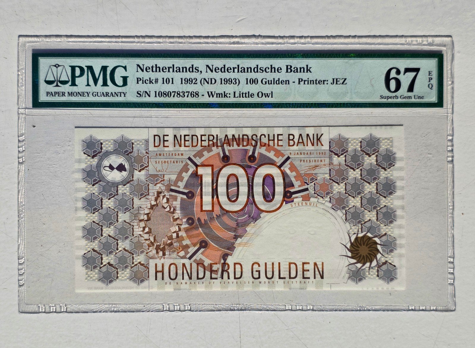 100 GULDEN STEENUIL 1992 – PMG 67 EPQ – NVMH 124-1a – PL105., Ophalen of Verzenden, 100 gulden, Los biljet
