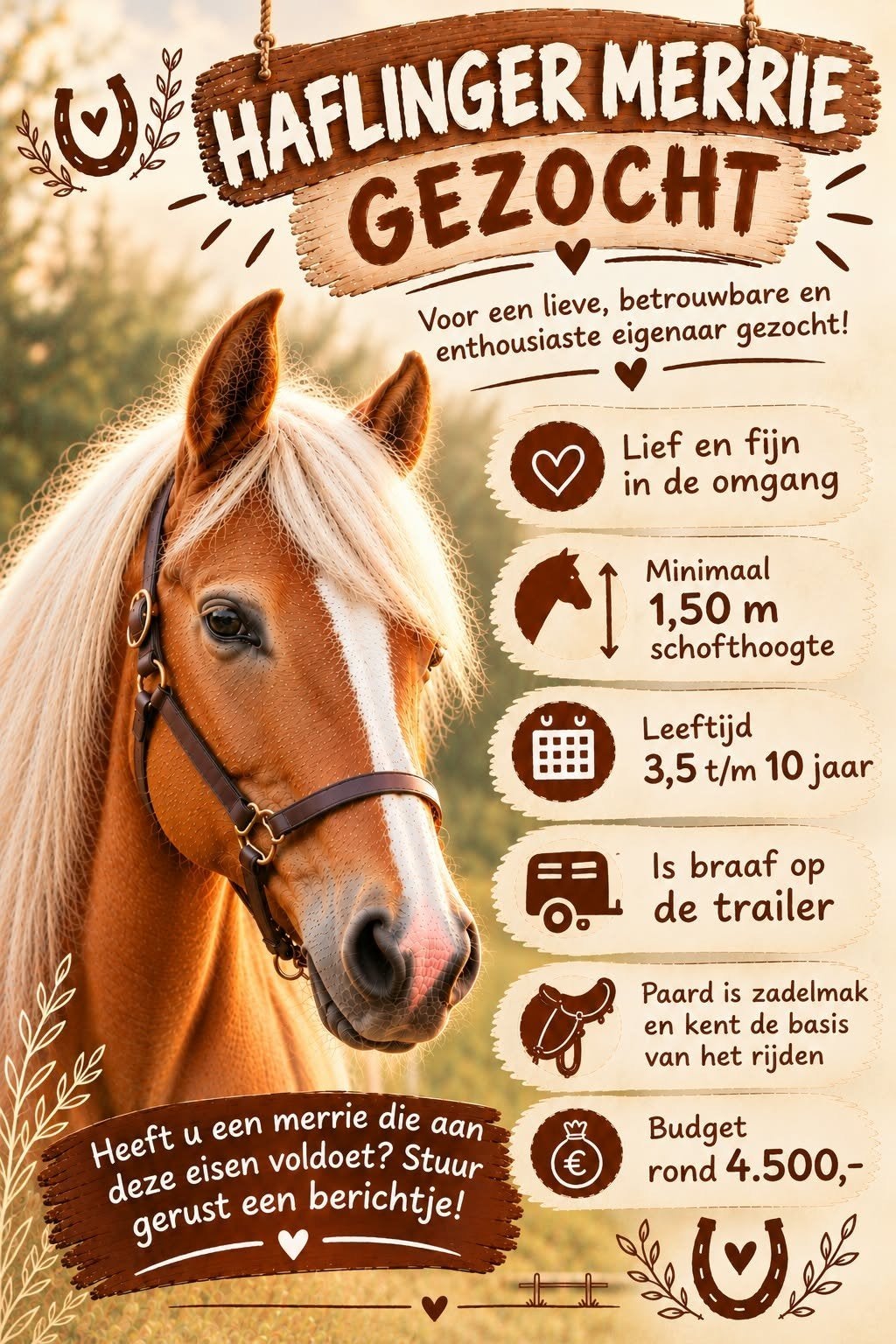 Gezocht Haflinger merrie, Ophalen of Verzenden