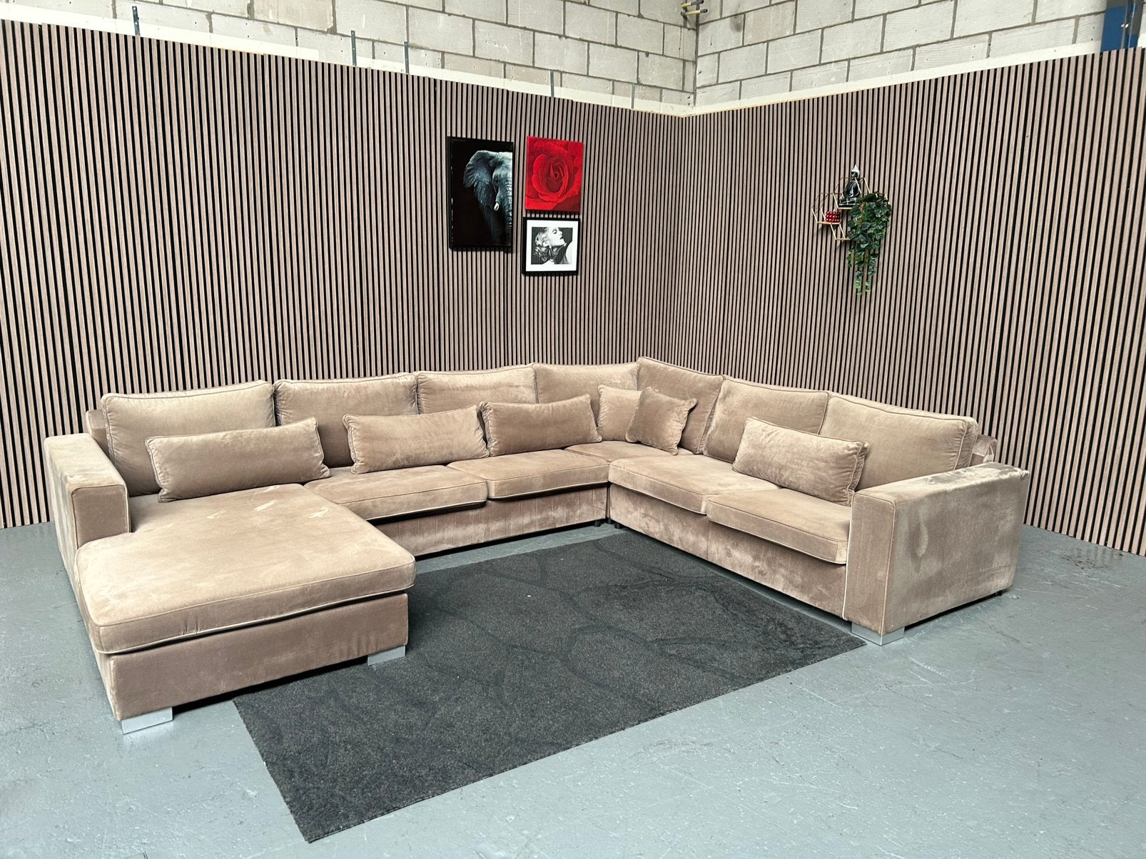 GRATIS LEVERING Velvet U-Bank Beige 375X285 GEREINIGD, Velvet champagne u bank, Hoekbank, 300 cm of meer, Ophalen of Verzenden