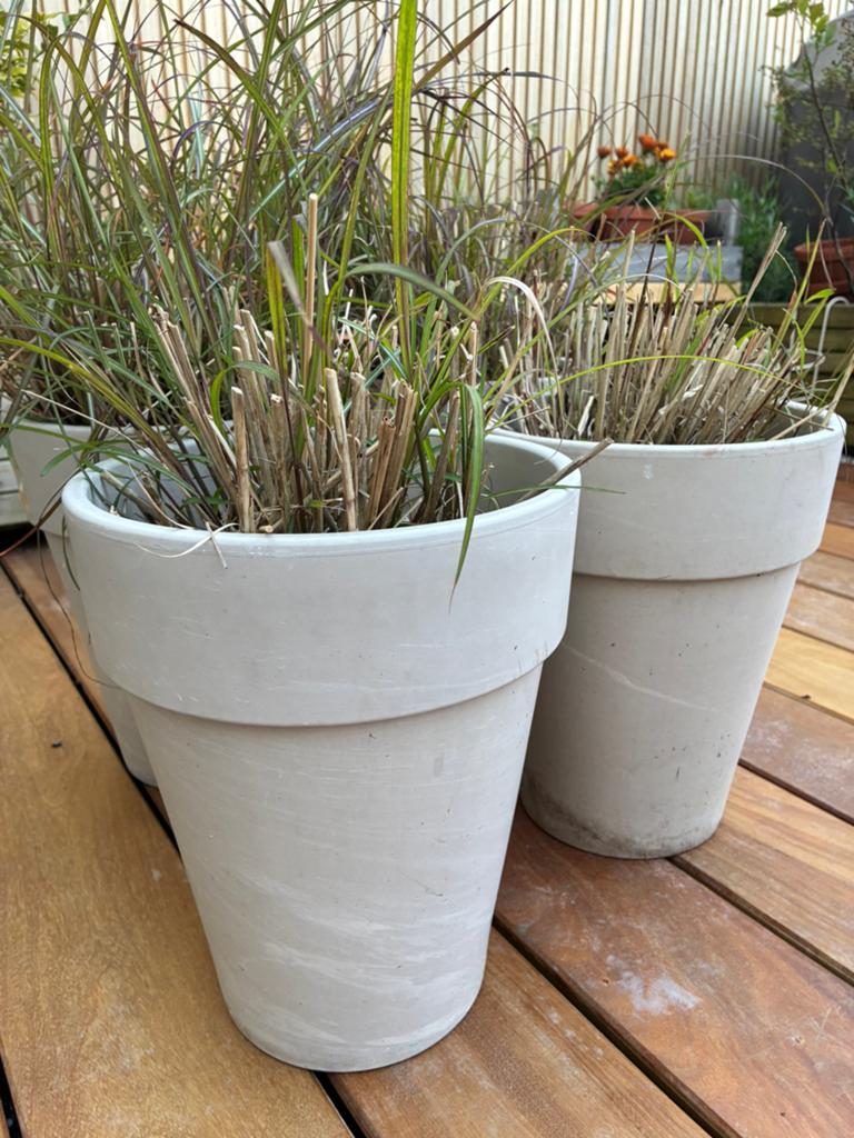 Set van 4 grijze bloempotten, Tuin en Terras, Bloempotten, Steen, Gebruikt, Rond, Balkon