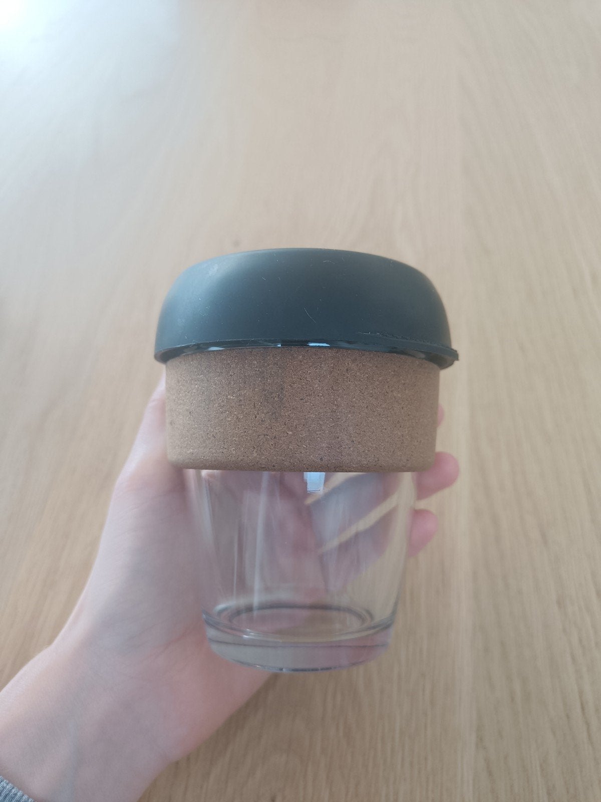 Herbruikbare koffiebeker van glas met kurk en deksel, Ophalen of Verzenden, Zo goed als nieuw, Zwart, Glas
