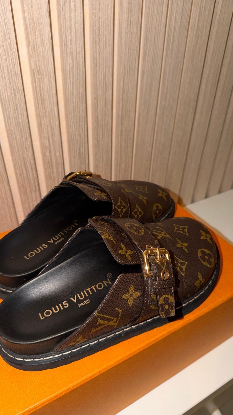 Louis Vuitton LV Cosy Flat Comfort Clogs, Ophalen of Verzenden, Zo goed als nieuw, Bruin, Slippers