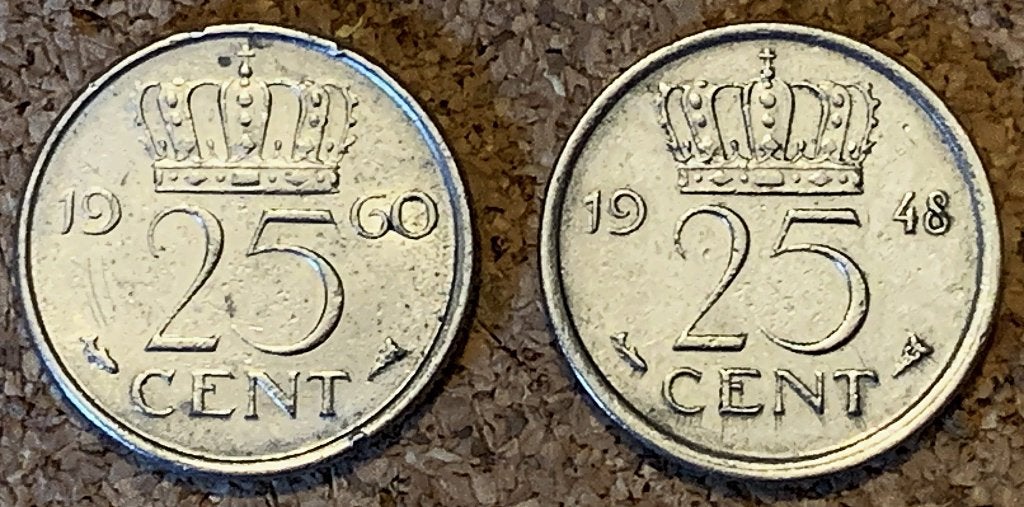 Munten 25 Cent W. 1948 + J. 1960, Ophalen, Koningin Wilhelmina, 25 cent, Losse munt