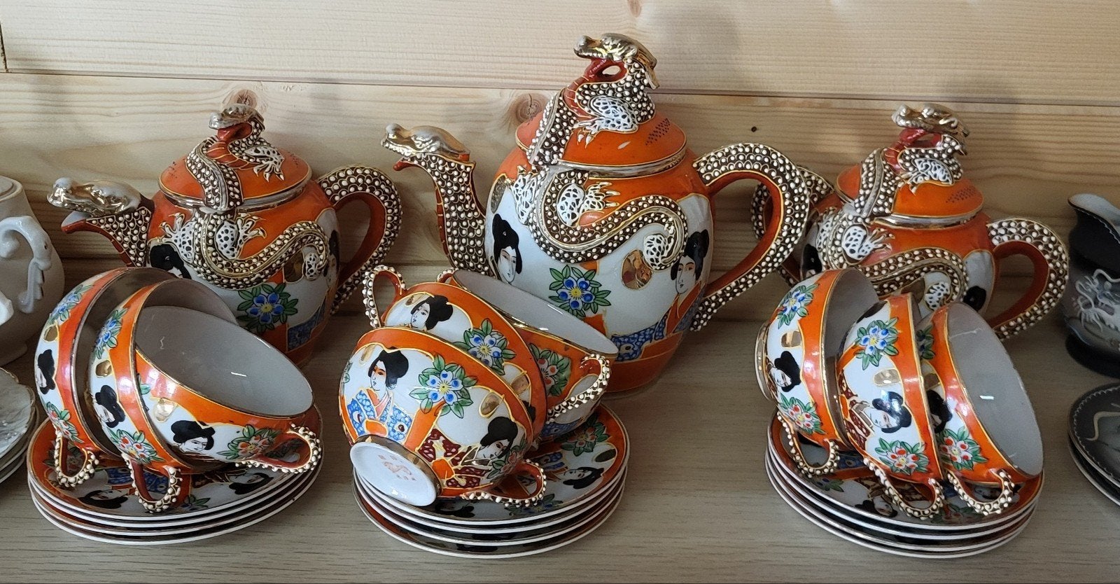 Prachtig Japans servies met draken en geisha's oranje/goud, Ophalen of Verzenden