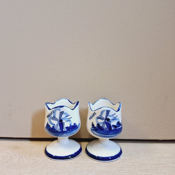 2x Vintage Delfts Blauw Eierdopje (Handgeschilderd)