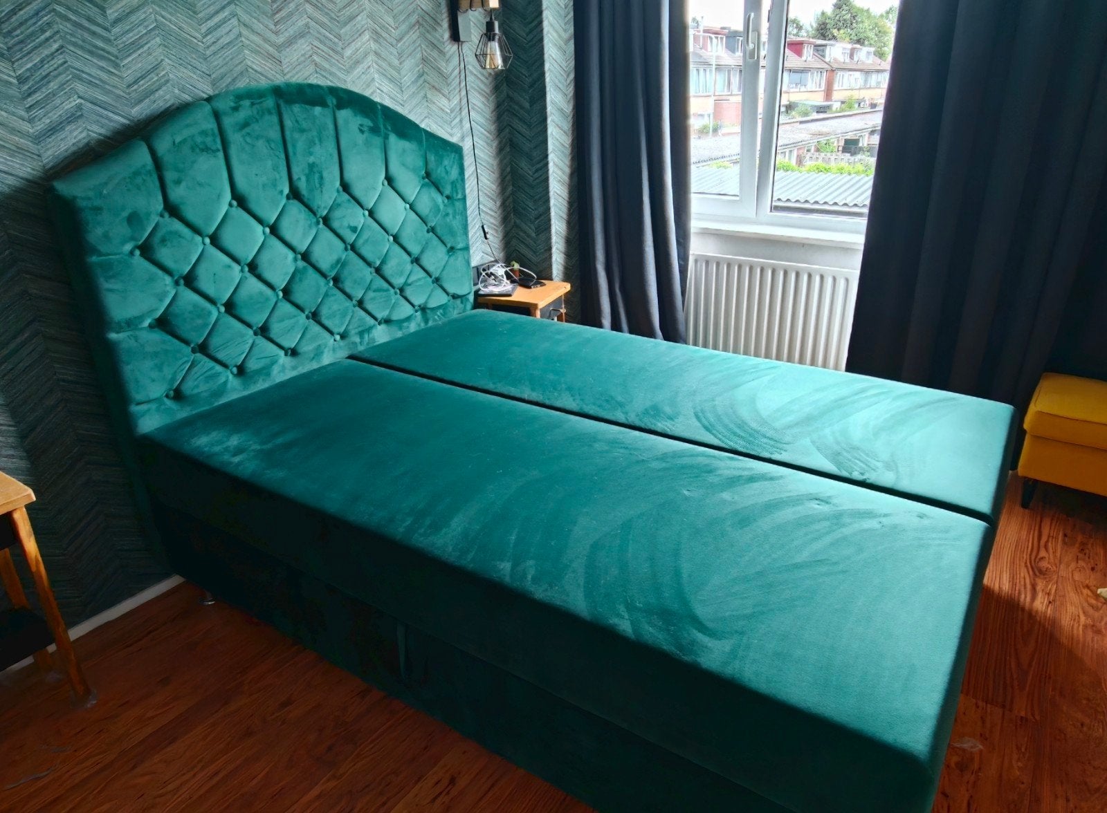 tweepersoons boxspring bed, Gebruikt, 200 cm, Stof, Groen