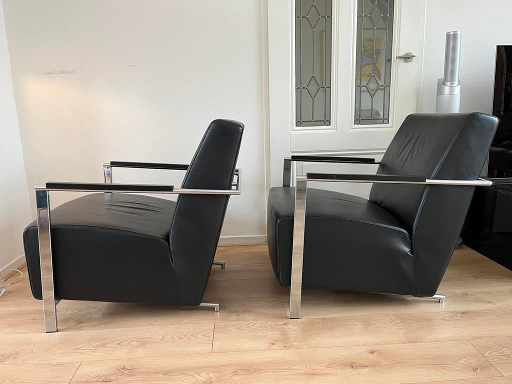 Harvink 2 Fauteuils model Alowa Zwart Leer IGST. Prijs p/st., Huis en Inrichting, Fauteuils, Gebruikt, Design, 75 tot 100 cm, Ophalen of Verzenden