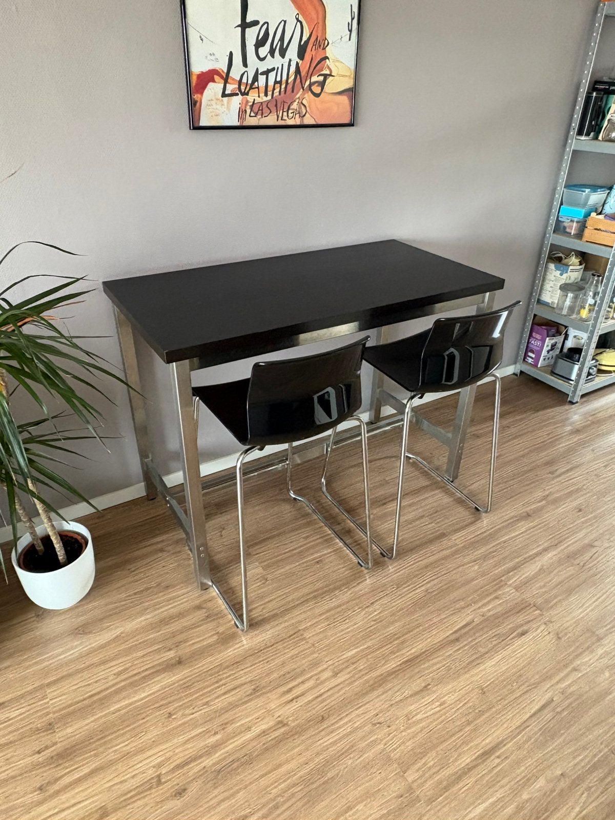 Bartafel Met 2 Stoelen | Verchroomd Onderstel | Zwart blad, Ophalen, Gebruikt, 100 tot 150 cm, 50 tot 100 cm