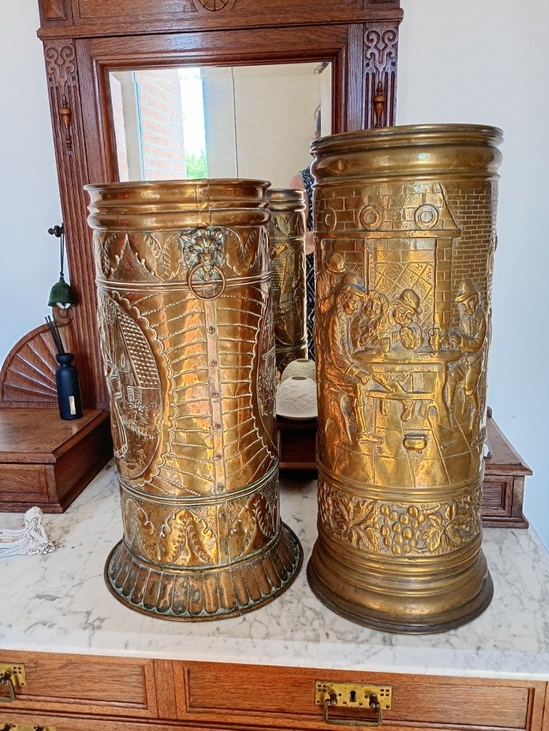 2 Vintage koperen/messing paraplubakken – Fraai reliëf, Huis en Inrichting, Ophalen, Gebruikt, Overige materialen