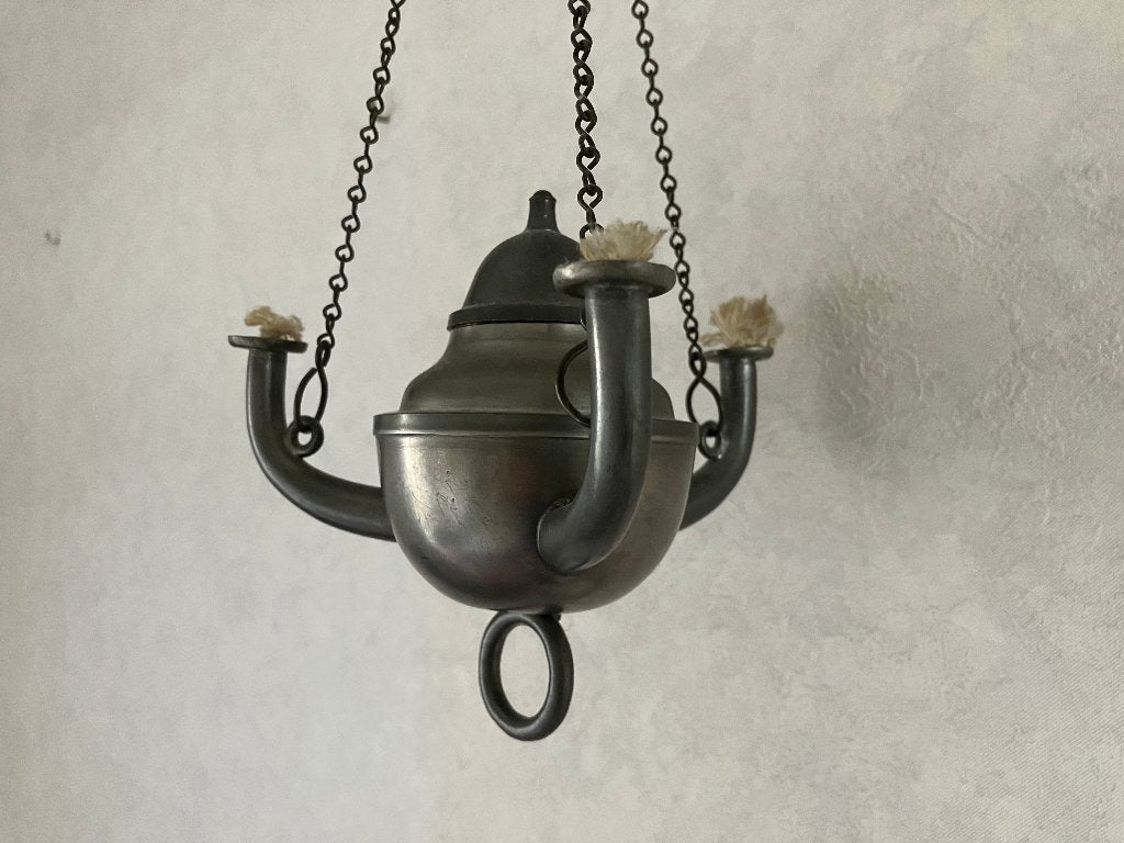 Hangende olielamp drie pitten tin, Antiek en Kunst, Ophalen