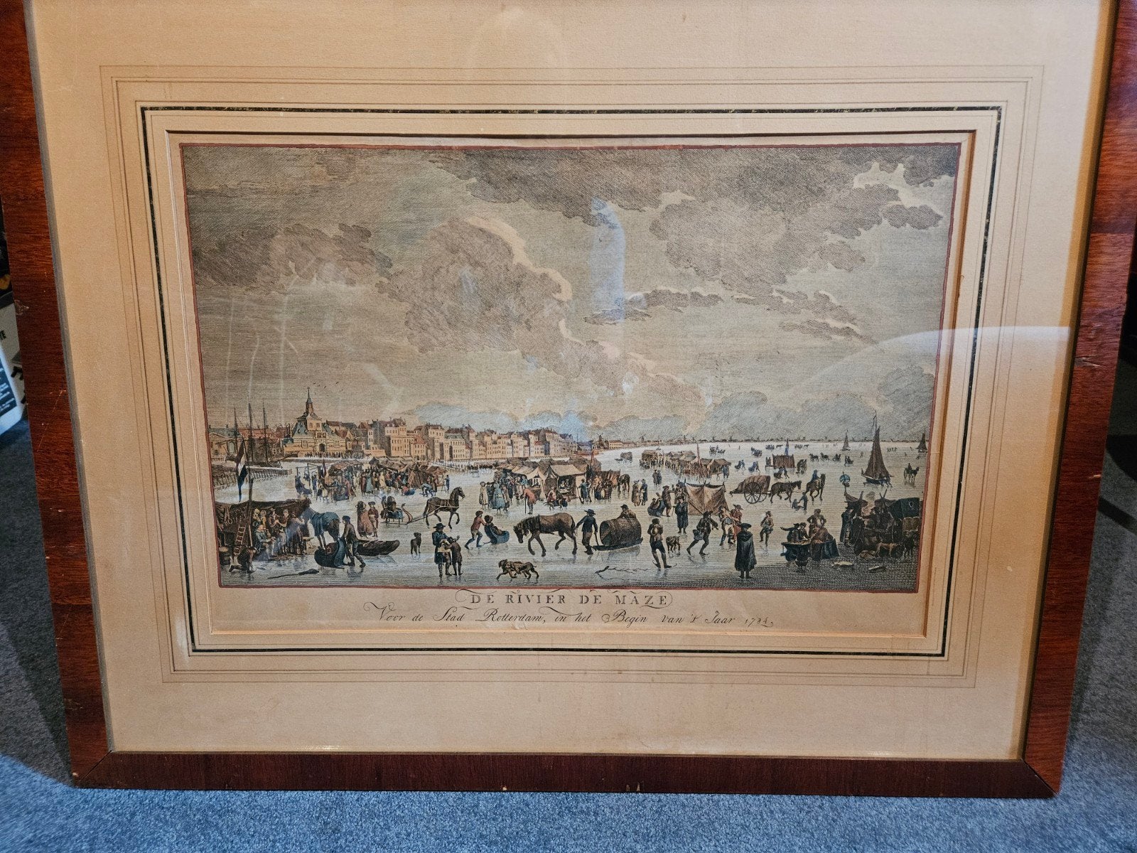 Antieke gravure IJspret Maas Rotterdam uit 1784, Ophalen, Dagelijks leven, Gravure, 1700 - 1799