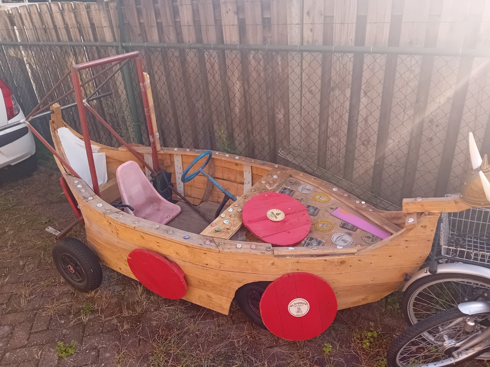 Unieke handgemaakte houten loopauto zeepkist Vikingboot, Ophalen, Gebruikt, Loopvoertuig