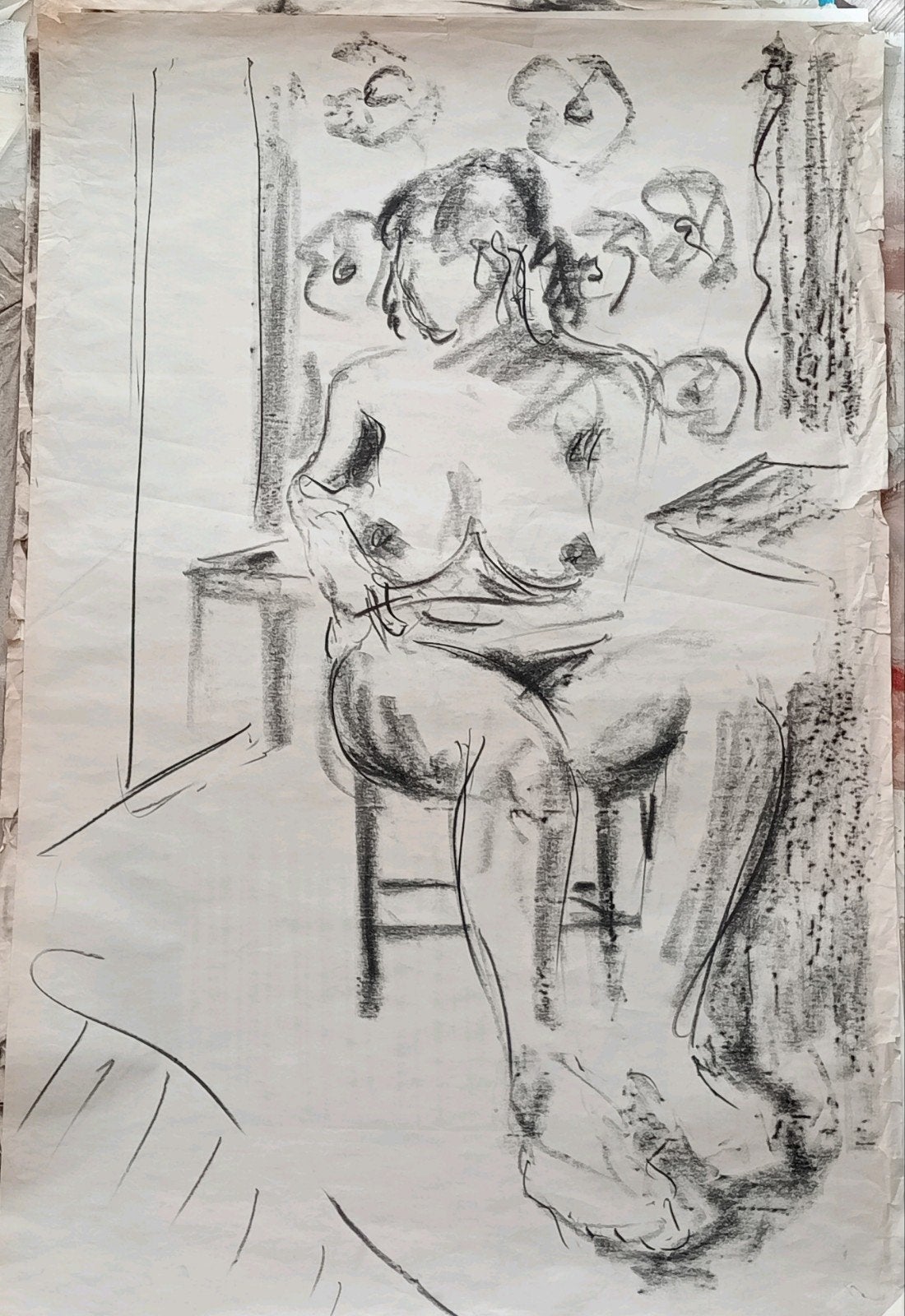 Tekening krijt zittend naakt jaren 90, Ophalen of Verzenden