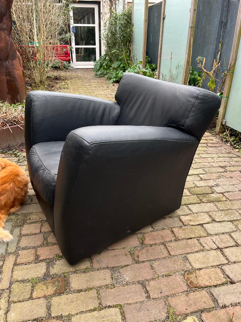 Label Barzoi Fauteuil Gerard van de Berg Montis leer, Gebruikt, 75 tot 100 cm, Loungen Comfortabel Dutch Design Vintage Mancave Veranda
